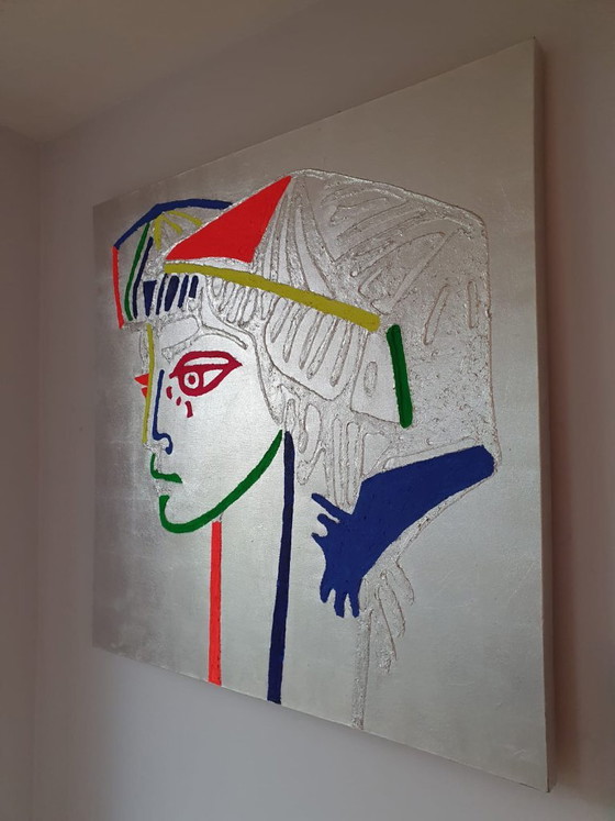 Peinture avec visage stylisé, argent et multicolore, Peintures et dessins, Toile, Argenté, Modern (photo 2 sur 5)