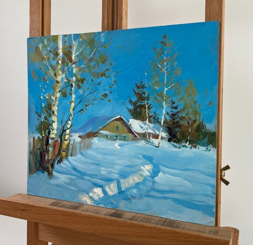Pintura al óleo original: Paisaje de casa nevada donde vive el cuento de hadas invernal.