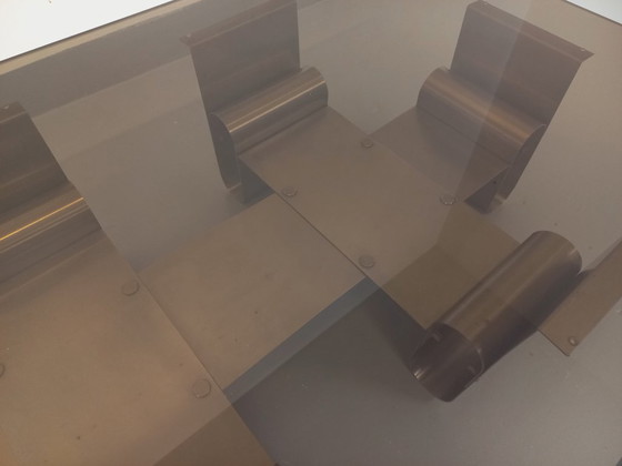 Image 1 of Large rectangular coffee table by François Monnet, vintage Space Age style, in steel and smoked glass from the 1970s
