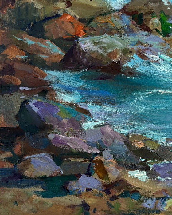 Image 1 of Original Oil Painting Coastal Waves Landscape Seagulls soaring over the endless sea