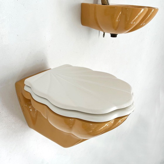 Image 1 of Ensemble de salle de bain vintage en forme de coquillage moutarde, années 1970