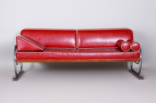 Restauriertes Bauhaus Sofa, von Robert Slezák, verchromter Stahl, Leder, Tschechisch, 1930er Jahre
