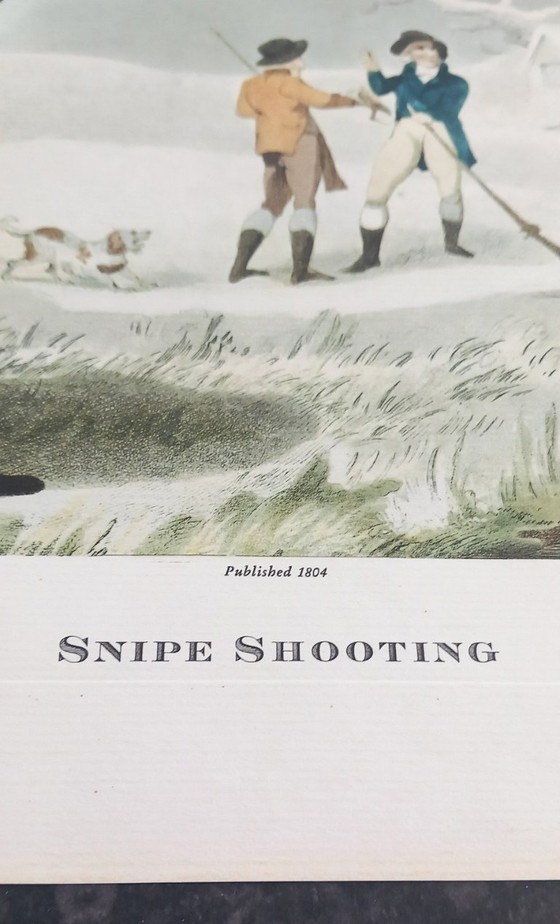 Image 1 of Antiker handkolorierter Kupferstich „Schnepfenjagd“ – Jagdszene – ca. frühes 19. Jahrhundert