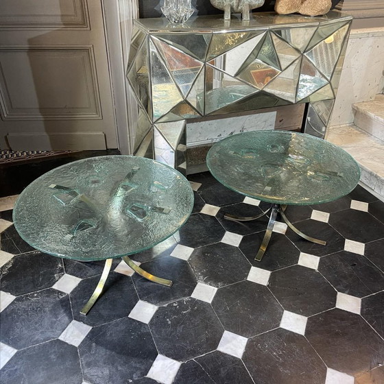 Brutalist Round Coffee Tables, 1970s, Set of 2 – Metal, Glass, Hollywood Regency (photo 5 of 17)