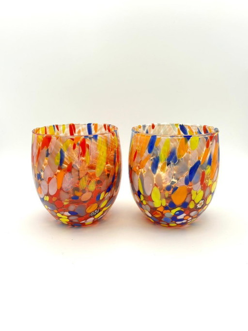 Set di 6 bicchieri in vetro soffiato veneziano con murrine Effetre Murano fuse nel vetro, hand made in italy.