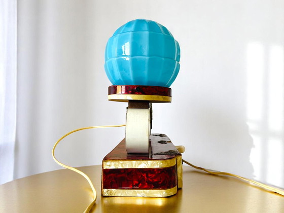 Image 1 of German Art Deco wood mother of pearl silver clock blue opaline glass lamp set with drawers, 1930s