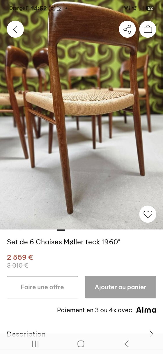 Image 1 of Lot 6 chaises model 75 de Niels O. Møller 1960  