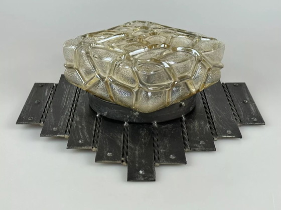 Image 1 of 60s 70s Brutalist Applique murale fer & verre Wall Lamp 60s 70s