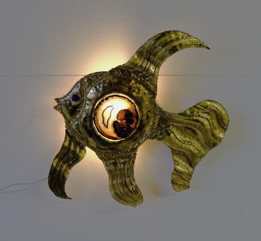 Henri Fernandez, Applique Poisson En Laiton, Signed