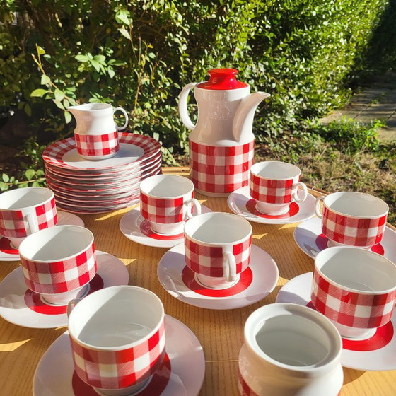 Vichy red and white checkered coffee/tea set, 1960-70, KRONESTER BAVARIA, Crockery, Porcelain, Vintage (photo 2 of 15)