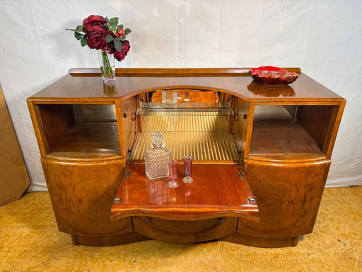Art Deco Vintage Burr Walnut Cocktail Cabinet / Sideboard by Beautility Circa 1930–1940  A truly stunning Art Deco cocktail cabi