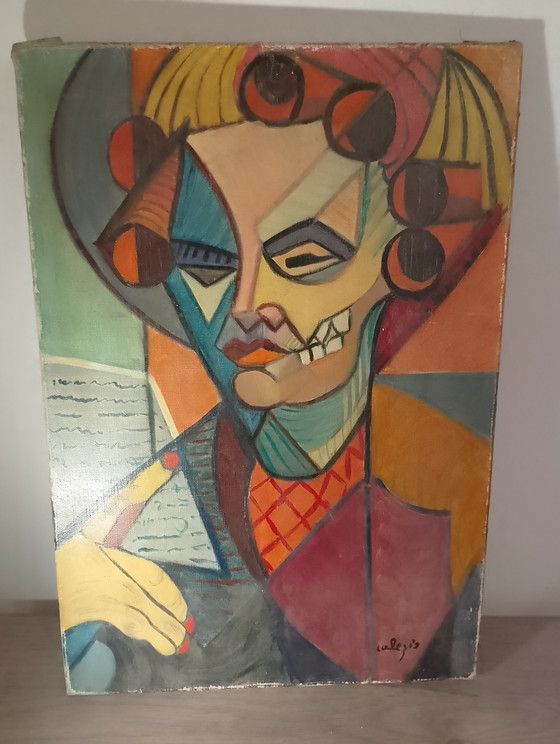 Image 1 of Neo-Cubist oil portrait on canvas, signed Calezis, Provençal school, Aubagne, Marseille, France, 1970