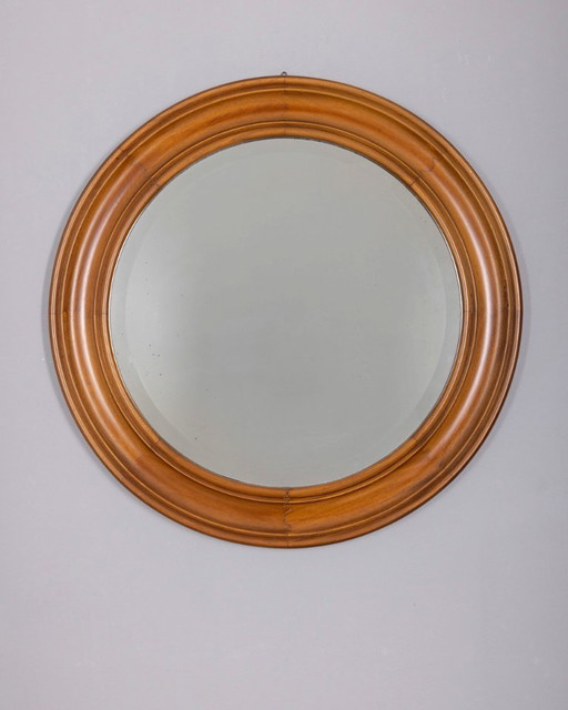 Vintage 1970s round wall mirror in walnut wood, Italian design