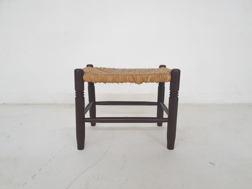Tabouret vintage en rotin et bois, années 1960