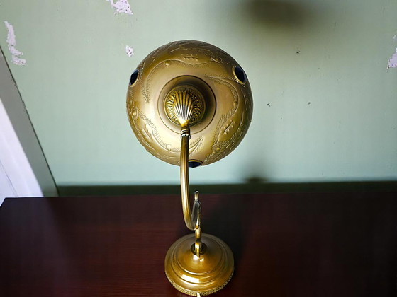 Image 1 of Art Deco Vintage Ornate Brass Table Lamp with Blue Glass Inserts, 1930s