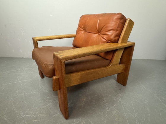 Image 1 of Mid-Century Brutalist Esko Pajamies Design 'Bonanza' Cognac Leather Lounge Chair on Solid Wooden Frame, Finland 1960s.