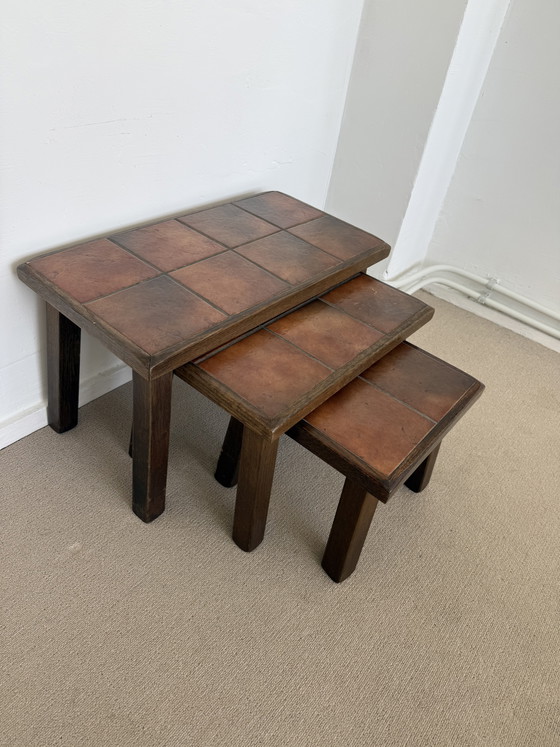 Vintage set of 3 ceramic tile tables – retro design – 1970s – Side tables, Wood, Stone (photo 5 of 8)