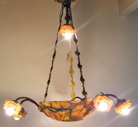 Image 1 of Art-Nouveau Chandelier Ca. 1920 - Alabaster & Glass
