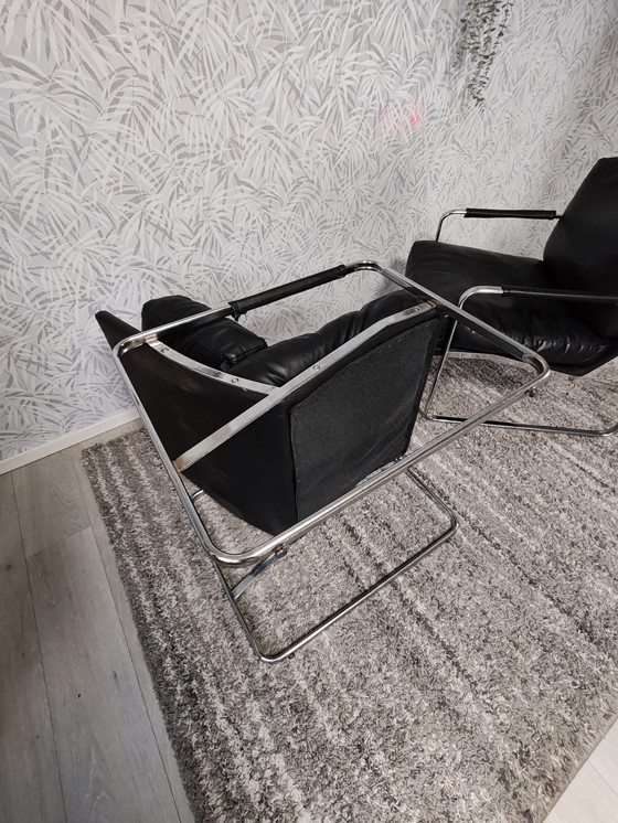 Image 1 of Set of 2 designer armchairs – black leather with chrome frame