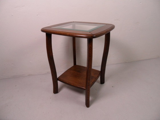 Image 1 of Vintage oak side table with glass 1950s