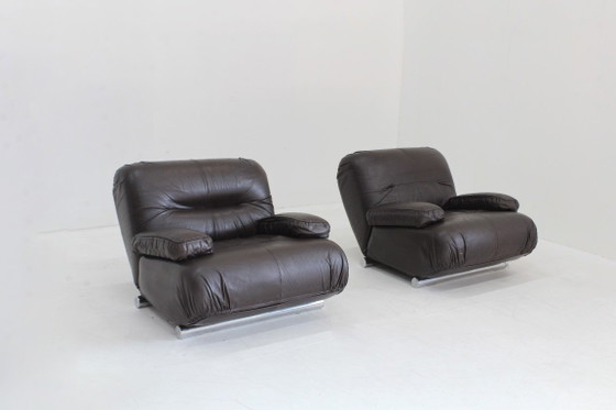 Giuseppe Munari Lounge Chairs Brown Leather 1970s, Italy Set Of 2 – Fauteuils (photo 7 of 9)