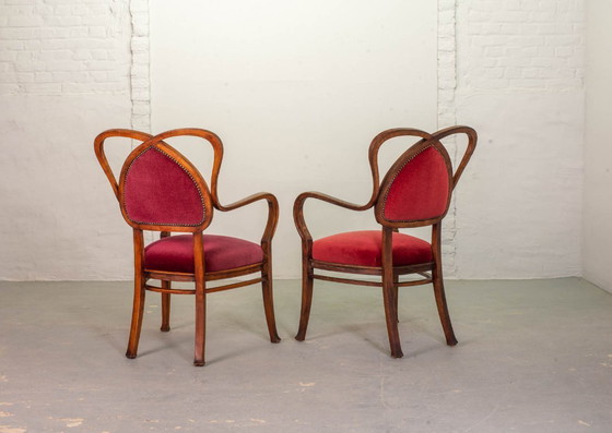 Image 1 of Red Velvet Heartshaped Wooden Vintage Design Side Chairs. Set of 2. 1950s.
