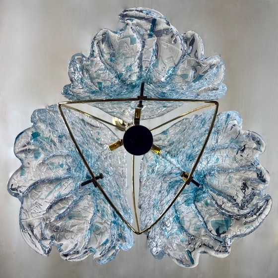 Image 1 of 1990s Murano glass pendant light three leaves with blue glass shards. New old stock. Never used.