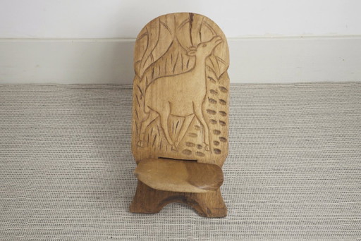 Carved African Hardwood Palaver Chair Low Collapsible Chair Folk Art Deer Carving Vintage Rustic Wooden (photo 2 of 12)