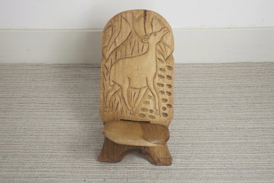 Carved African Hardwood Palaver Chair Low Collapsible Chair Folk Art Deer Carving Vintage Rustic Wooden (photo 2 of 12)
