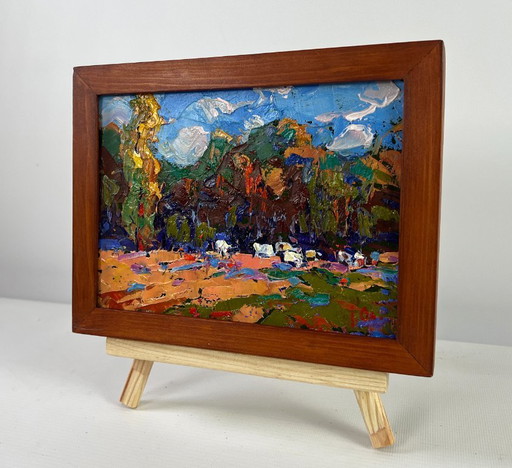Original Oil Painting Summer Nature Landscape Morning at the edge of the forest