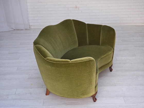 Image 1 of 1960s, Danish Curved 2-Seater Sofa, Green Furniture Velour, Oak Wood Legs