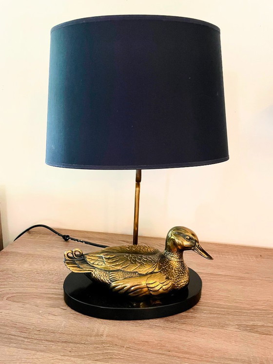 Image 1 of Vintage Deknudt Brass Duck Table Lamp – Mid-Century Style – Black Shade
