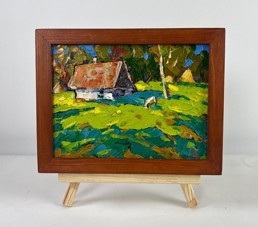 Original Oil Painting Summer House Landscape Forest path to the sunny hut
