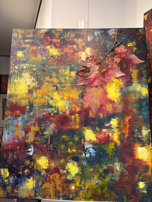 Pintura abstracta con hojas de otoño