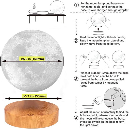 VGAzer Levitating moon lamp, floating and spinning freely in the air with wooden base and 3D printing by Moon Light, p