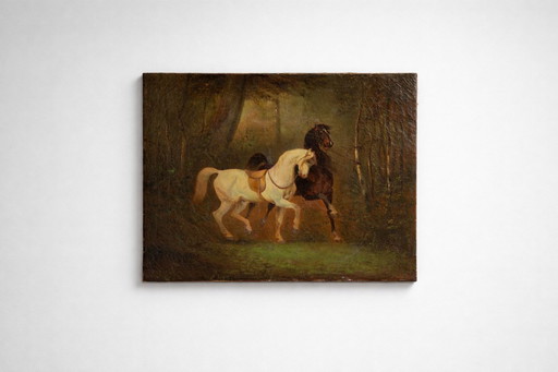 Early 19th Century Oil Painting with Two Horses, ca. 1820–1840