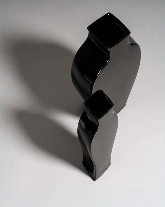 Image 1 of Tadao Amano for Rosenthal Studio-Line “Sakura” Vase Pair in Porcelaine Noire — Matte & Glossy Black, 1980s Germany / Japan