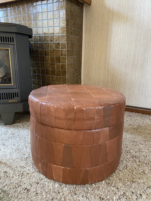 Pouf en cuir patchwork avec couvercle de rangement