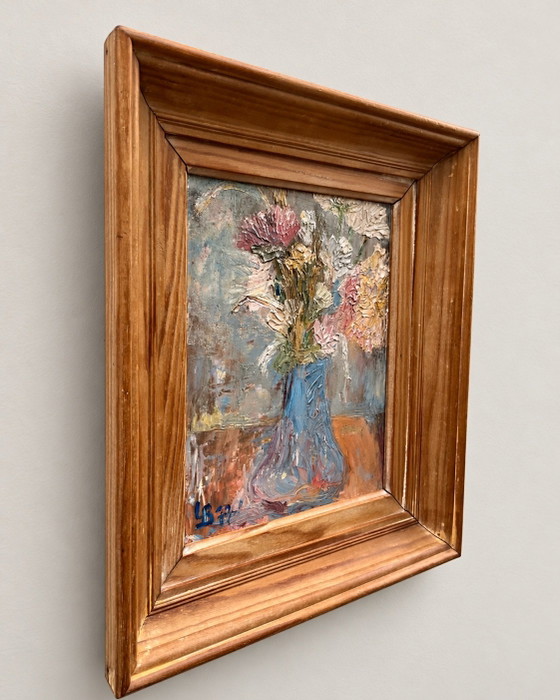 Vintage Floral Oil Painting with Impasto, Signed LB, 1977, Paintings & Drawings, Wood, Blue (photo 3 of 7)