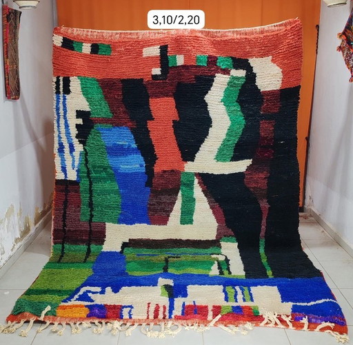 Tapis Boujaad marocain authentique fait main 310 × 220 cm – Grand tapis abstrait berbère en laine – Tapis vintage d'exception