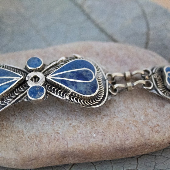 Image 1 of Boho Vintage Bracelet with Links and Lapis Lazuli Inlay: Set in Tibetan silver
