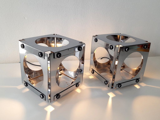 Set of 2 chrome 70s cube table lamps by Goffredo Reggiani, set of space age table lamps