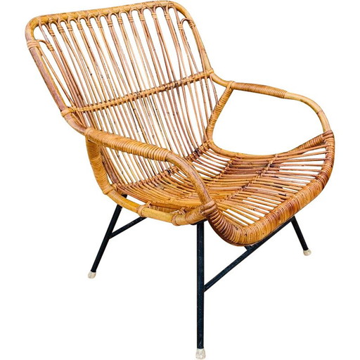 Poltrona vintage in rattan e metallo, 1960