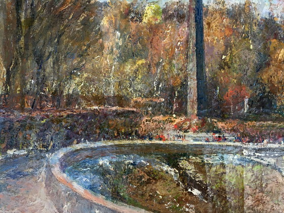 Image 1 of Dipinto ad olio originale d'epoca raffigurante un paesaggio urbano di Glory Park