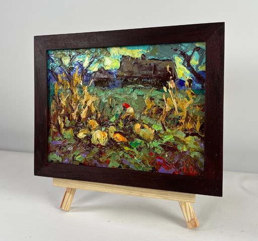 Original Oil Painting Evening Village Landscape The land that gives generosity