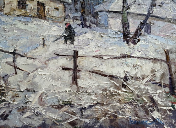 Peinture à l'huile originale Paysage rural Vie de village Il a neigé – Peintures et dessins, Canvas (photo 8 of 11)