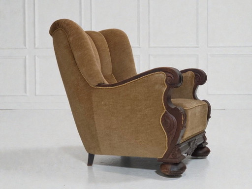 1960s, Danish relax chair, original green furniture velour, carved oak wood.