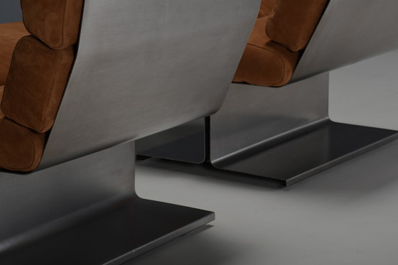 Image 1 of Très rare paire de chaises longues en cuir et acier par Paul Geoffroy pour Uginox, France, années 1970