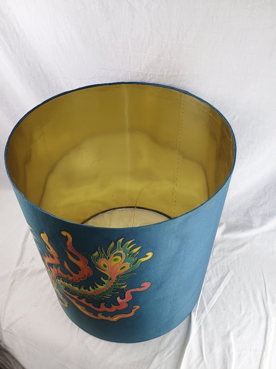 Image 1 of Handmade Signed Silk Dragon Lampshade, Large Vintage Style Table or Floor Lamp Shade, Asian Inspired Decorative Shade