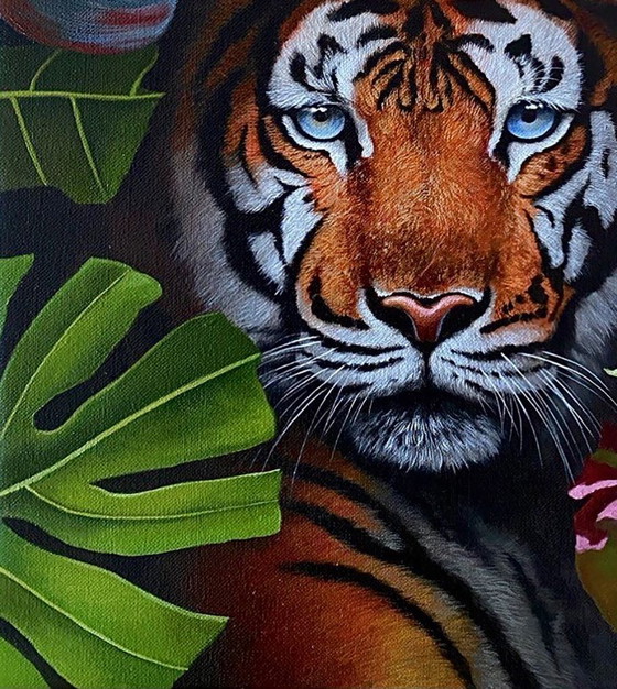 Original Oil Painting Portrait Animal Tiger in the Bushes – Paintings & Drawings, Canvas (photo 4 of 8)